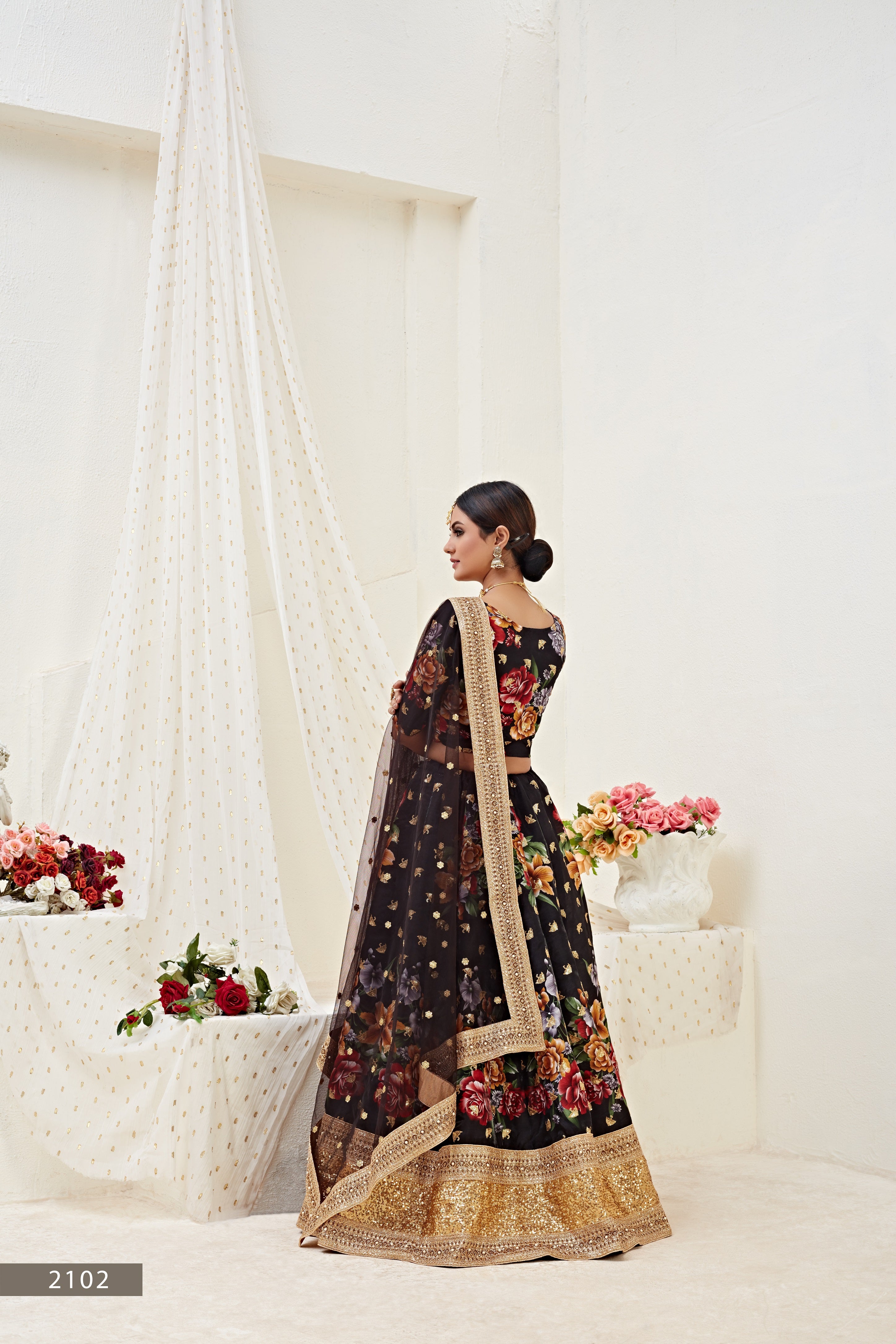 Black Floral Bunch Embroidered Lehenga