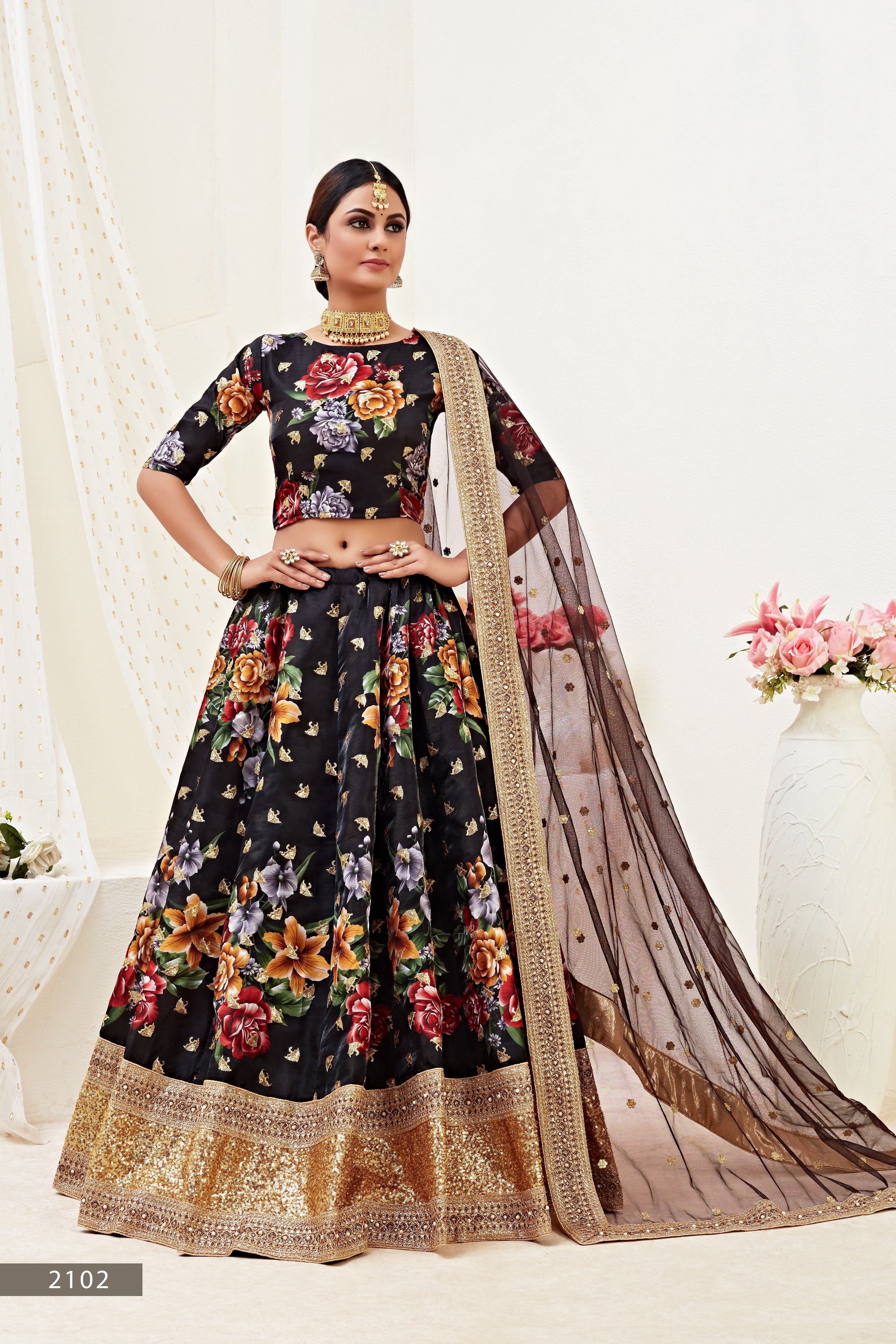 Black Floral Bunch Embroidered Lehenga
