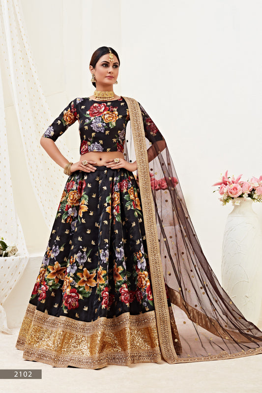 Black Floral Bunch Embroidered Lehenga