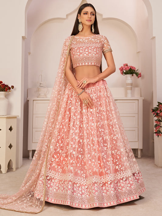 Light Pink Women's Soft Net Embroidery Lehenga Choli