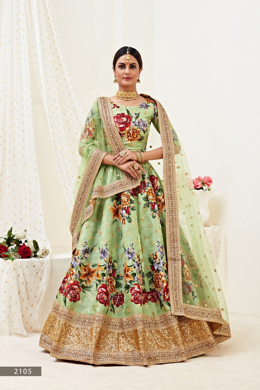 Pista Green  Floral Bunch Embroidered Lehenga