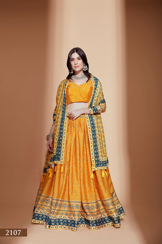 Mustard Printed floral jaal Lehenga