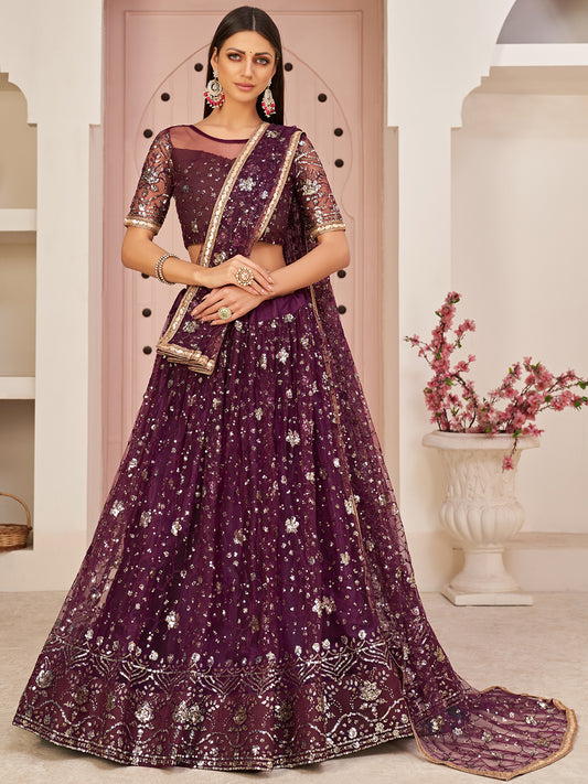 Purple Women's Soft Net Embroidery Lehenga Choli