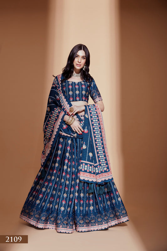 Blue Printed floral jaal Lehenga