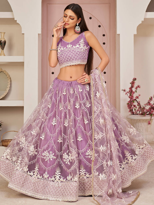 Purple Women's Soft Net Embroidery Lehenga Choli