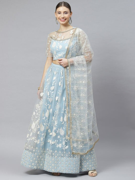 Sky Blue Thread Embroidery Lehenga