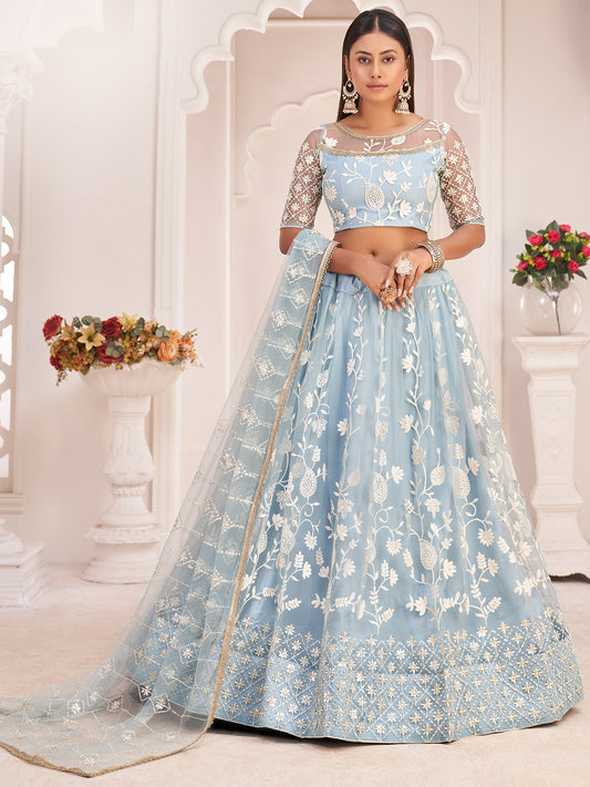 Sky Blue Women's Soft Net Embroidery Lehenga Choli