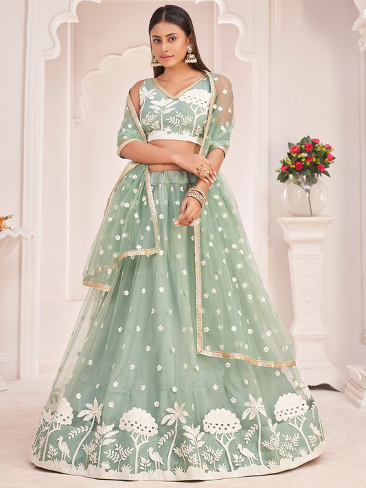 Green Women's Soft Net Embroidery Lehenga Choli