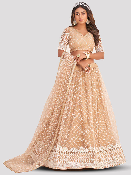 Beige Women's Soft Net Embroidery Lehenga Choli