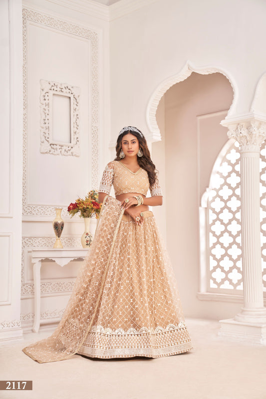 Beige Party Wear Embroidered Lehenga