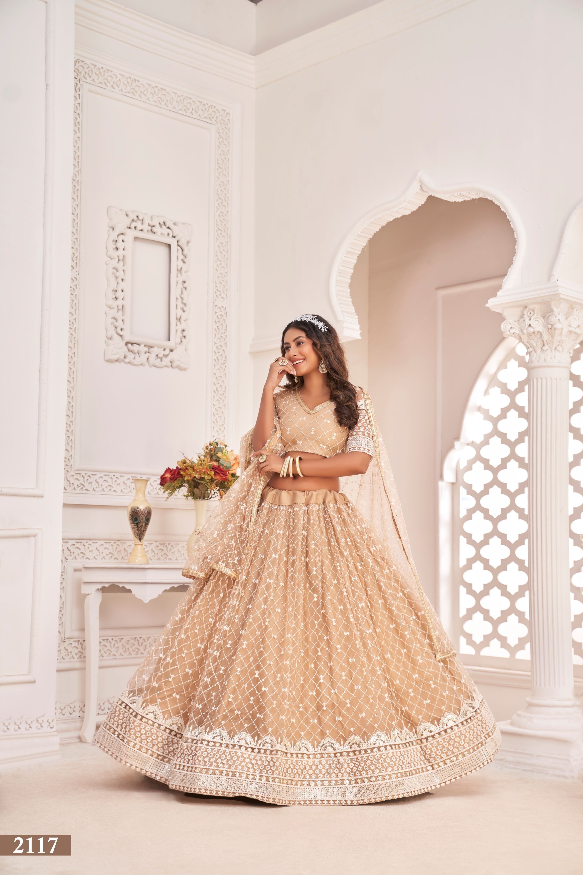Beige Party Wear Embroidered Lehenga