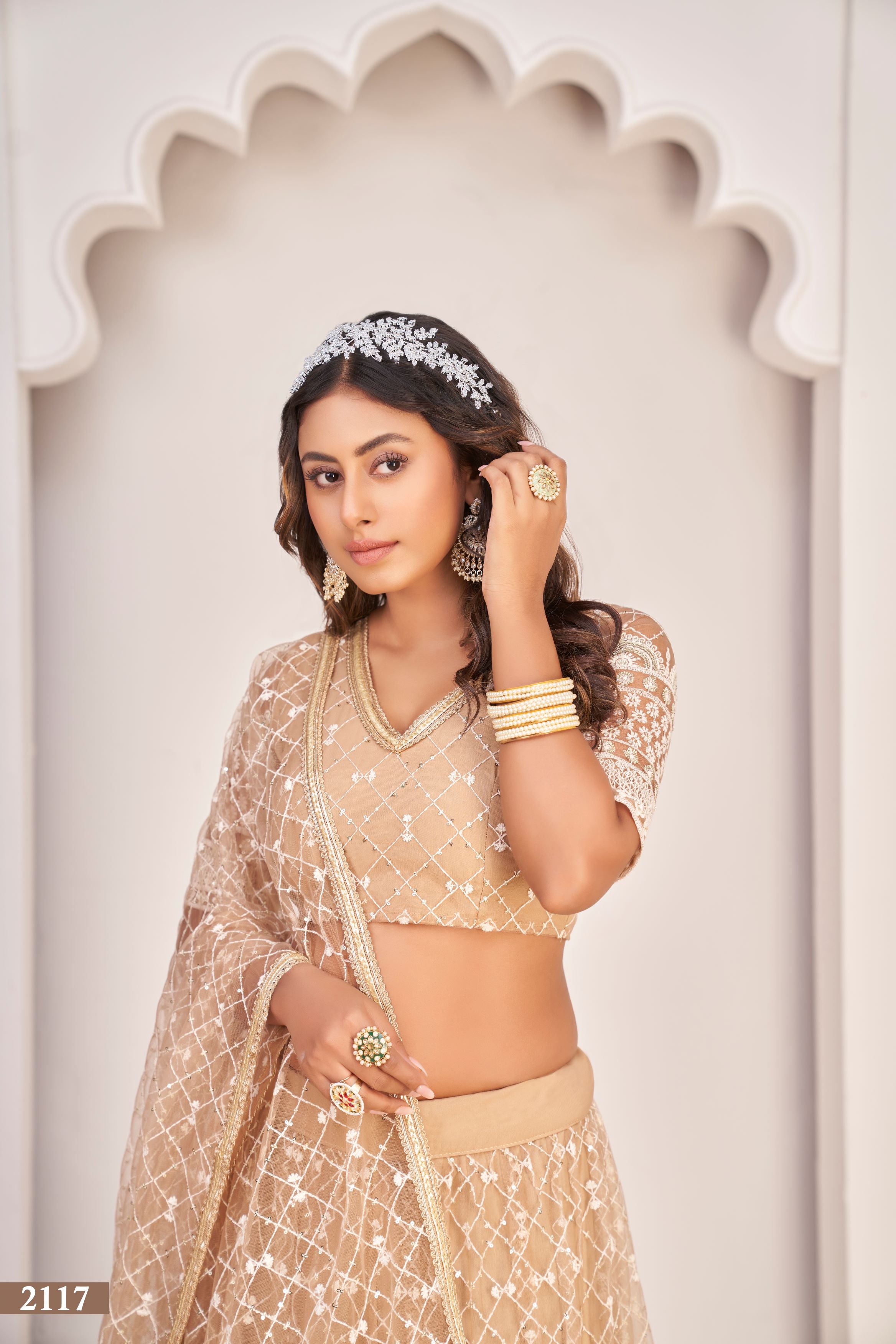 Beige Party Wear Embroidered Lehenga