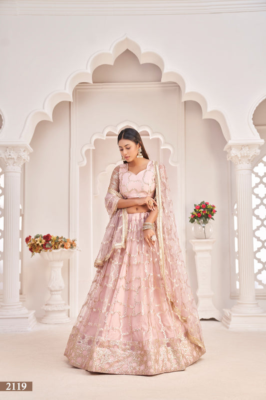 Light Pink Party Wear Embroidered Lehenga