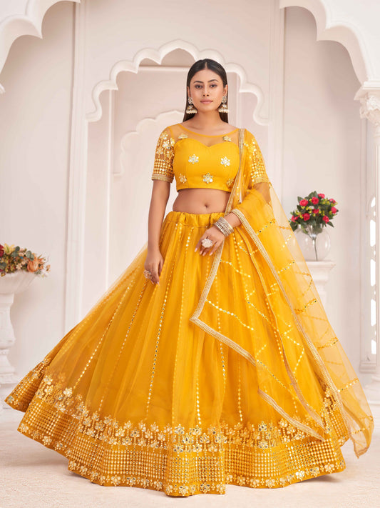 Yellow Women's Soft Net Embroidery Lehenga Choli