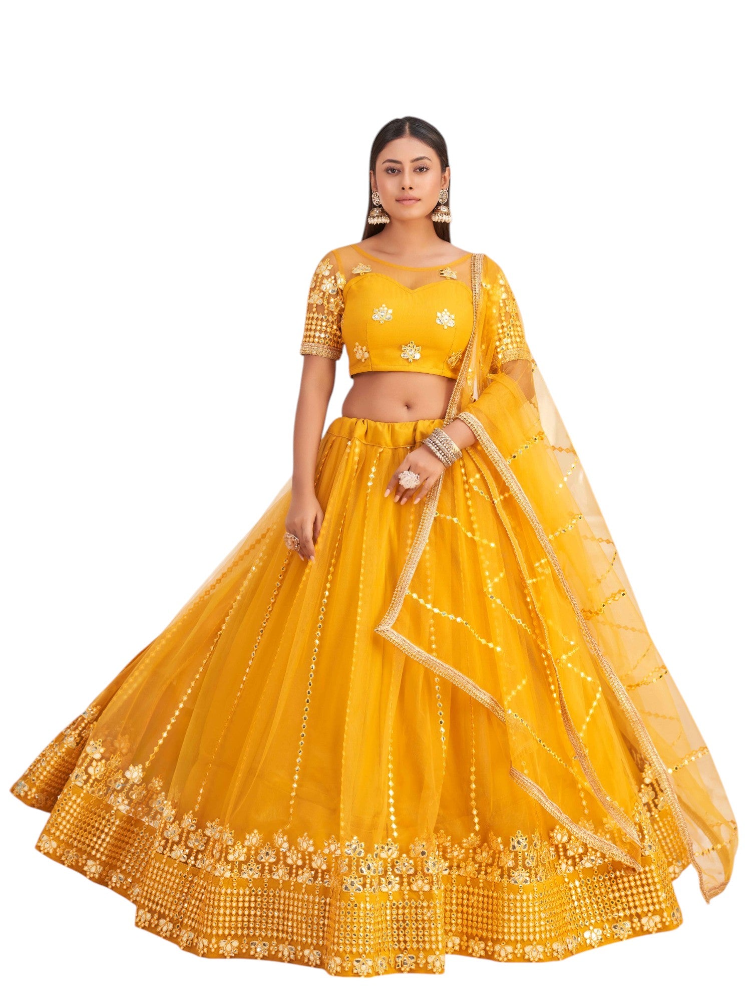 Yellow Women's Soft Net Embroidery Lehenga Choli