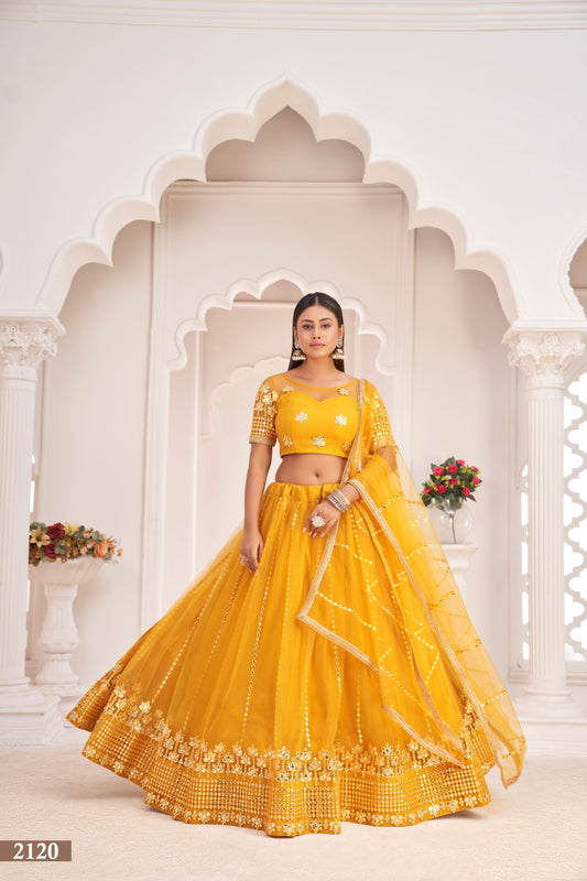 Yellow Party Wear Embroidered Lehenga