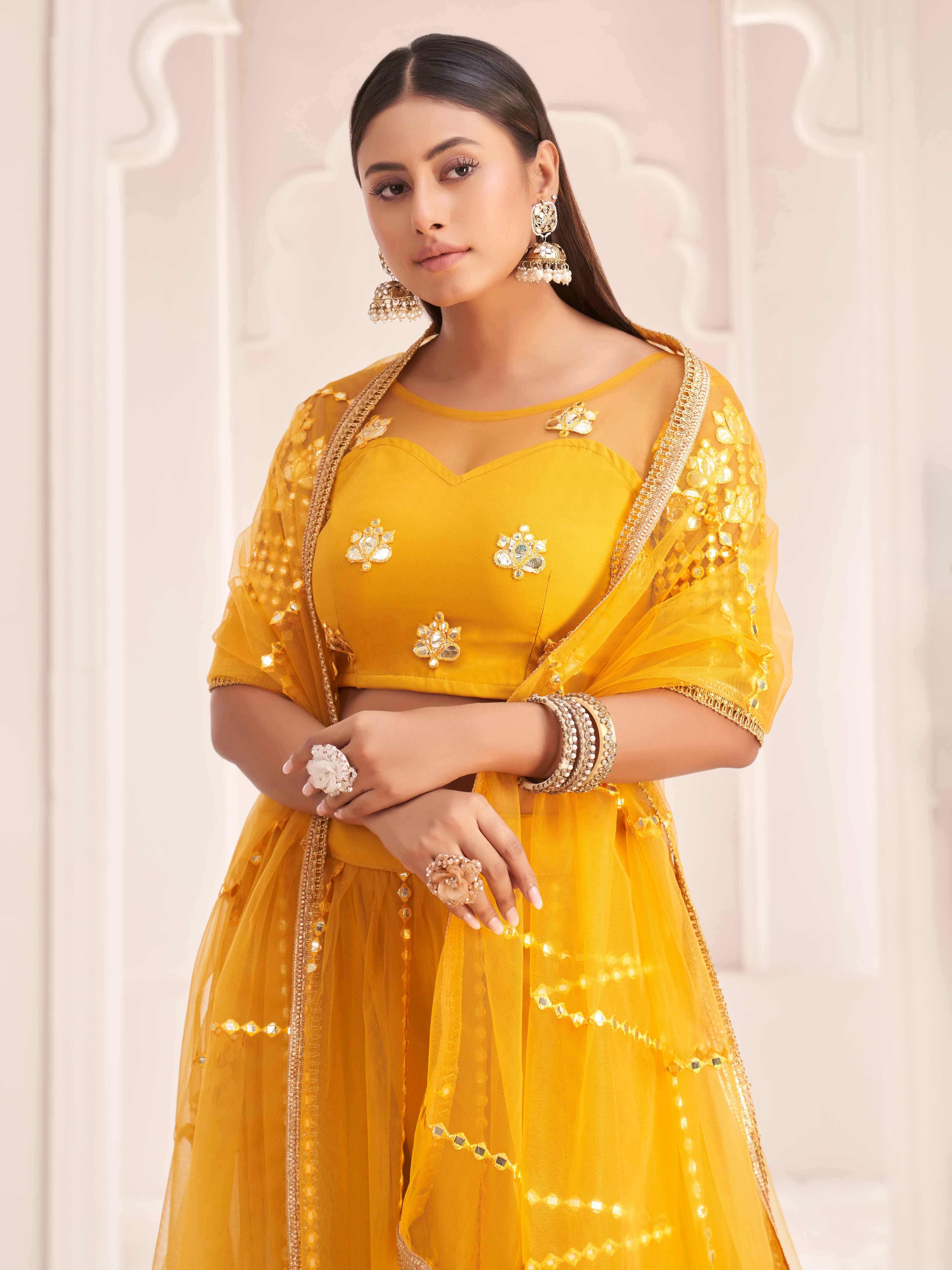 Yellow Women's Soft Net Embroidery Lehenga Choli