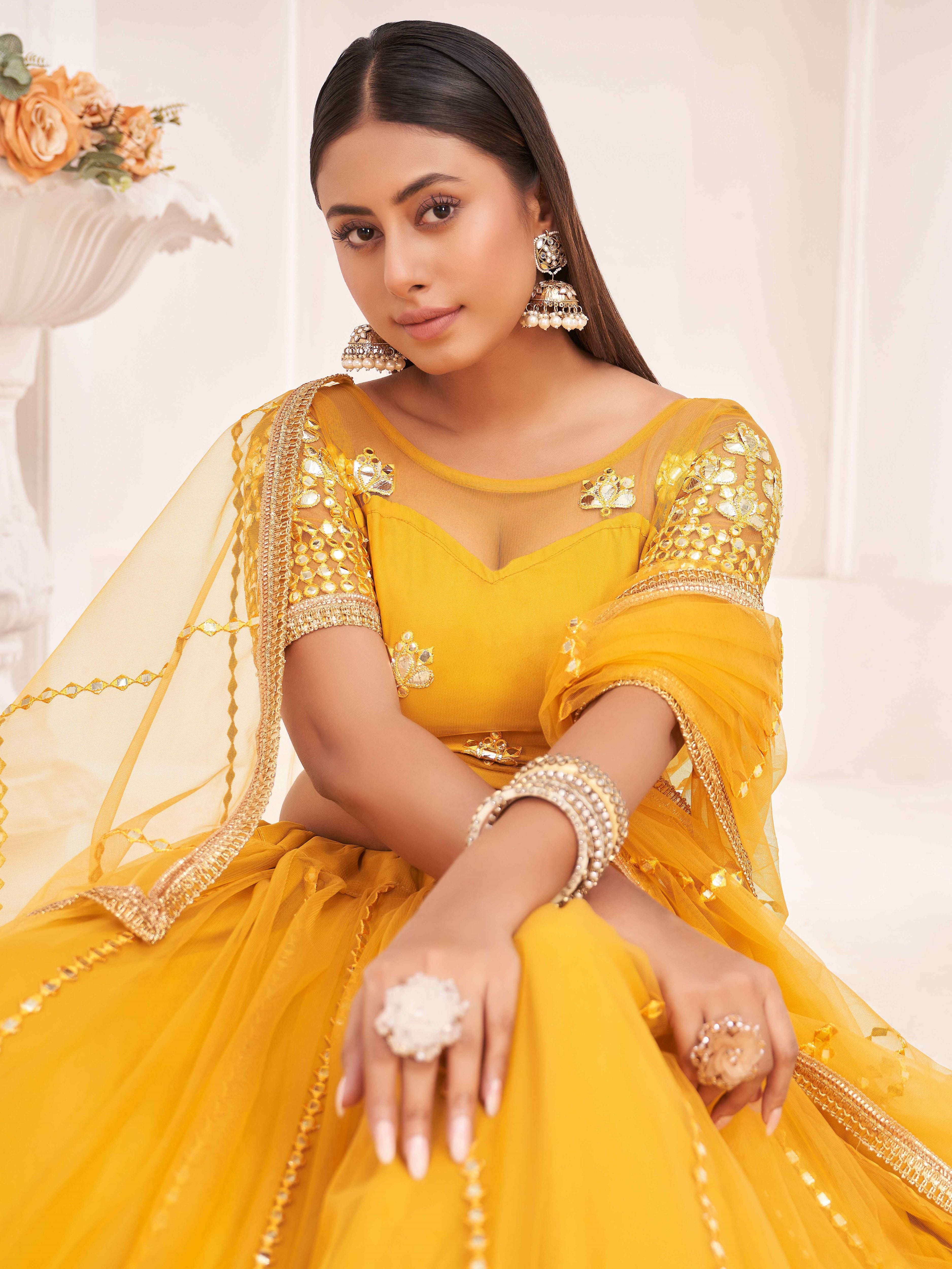 Yellow Women's Soft Net Embroidery Lehenga Choli