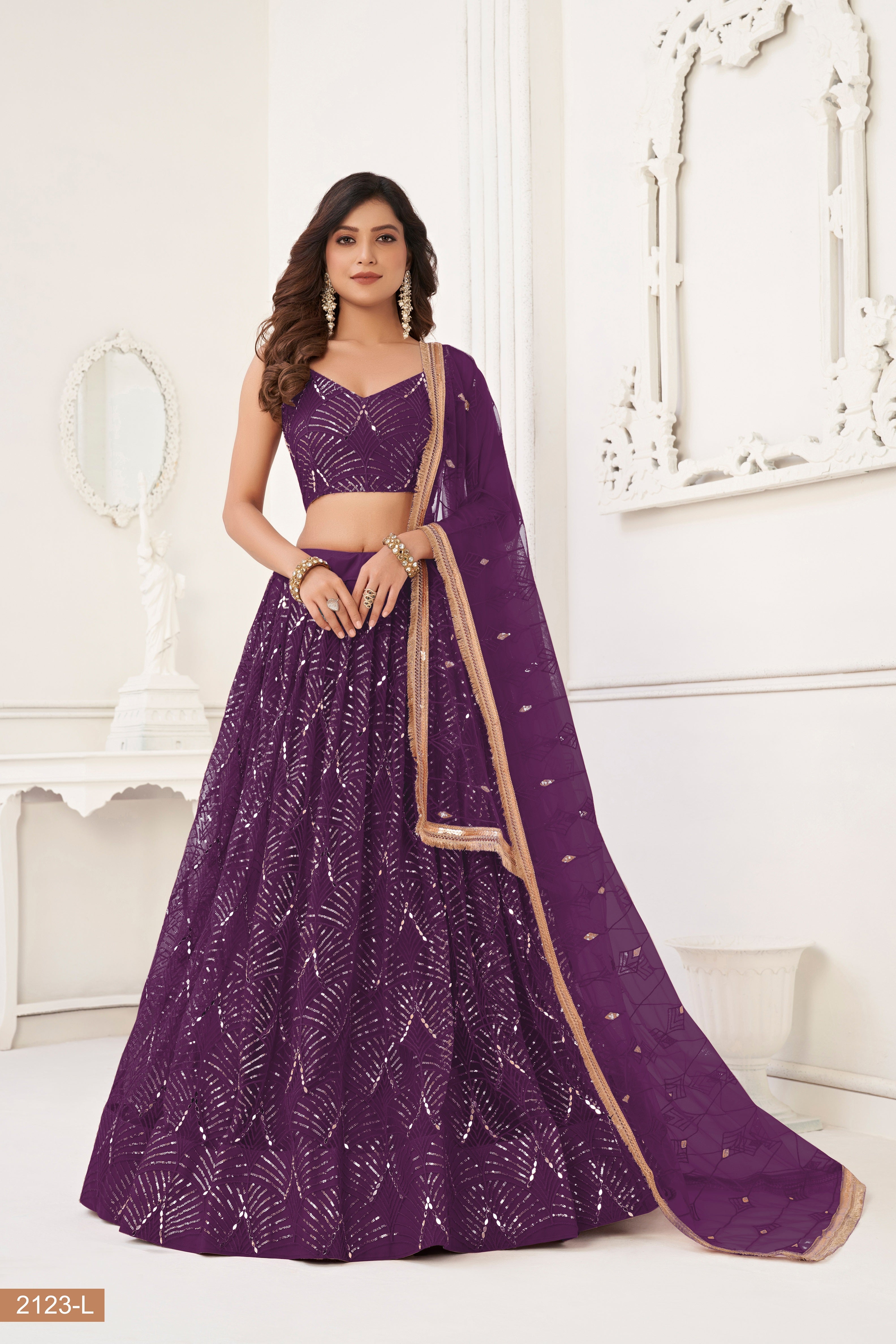 Wine Net With sequin work Lehenga