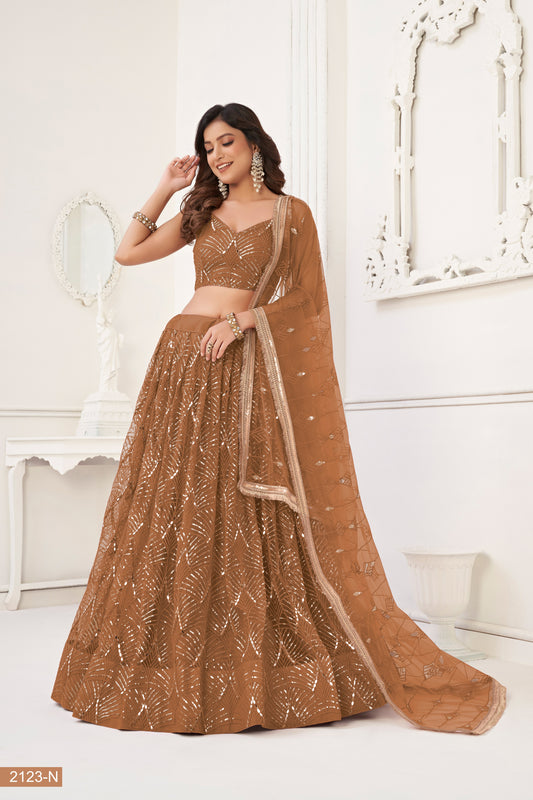 Brown Net With sequin work Lehenga