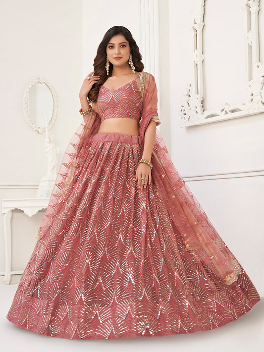 Dusty Pink Women's Soft Net Embroidery Lehenga Choli