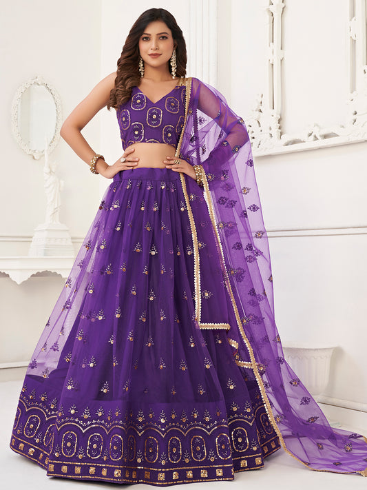 Purple Women's Soft Net Embroidery Lehenga Choli