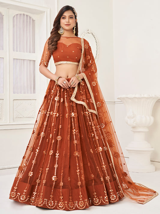 Brown Women's Soft Net Embroidery Lehenga Choli