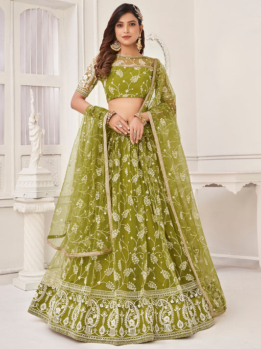 Olive Green Women's Soft Net Embroidery Lehenga Choli