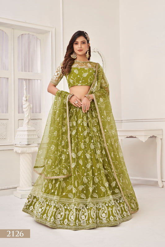 Green Party Wear Embroidered Lehenga