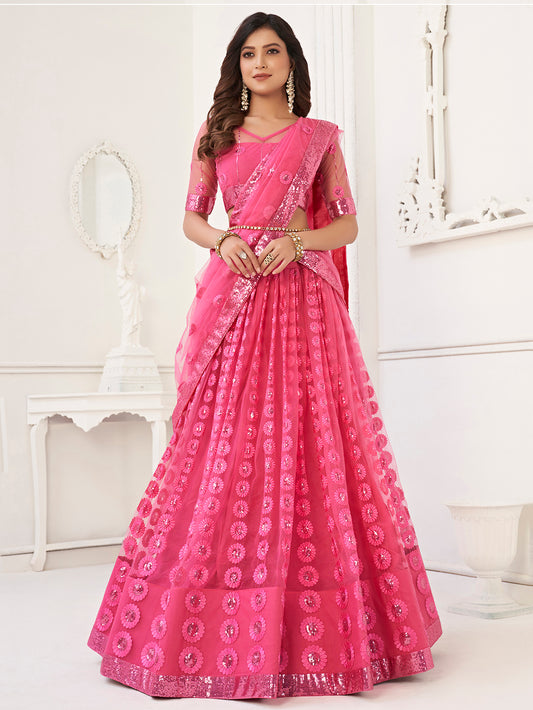 Pink Women's Soft Net Embroidery Lehenga Choli