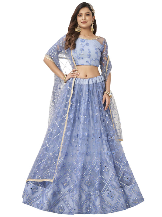 Blue Women's Soft Net Embroidery Lehenga Choli