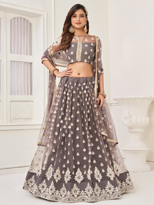 Grey Women's Soft Net Embroidery Lehenga Choli