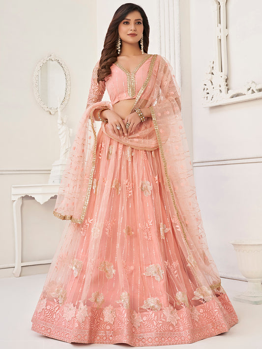 Peach Women's Soft Net Embroidery Lehenga Choli