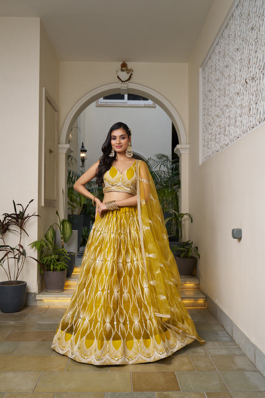 Yellow Blue Intricate Tread & Sequin Work Lehenga