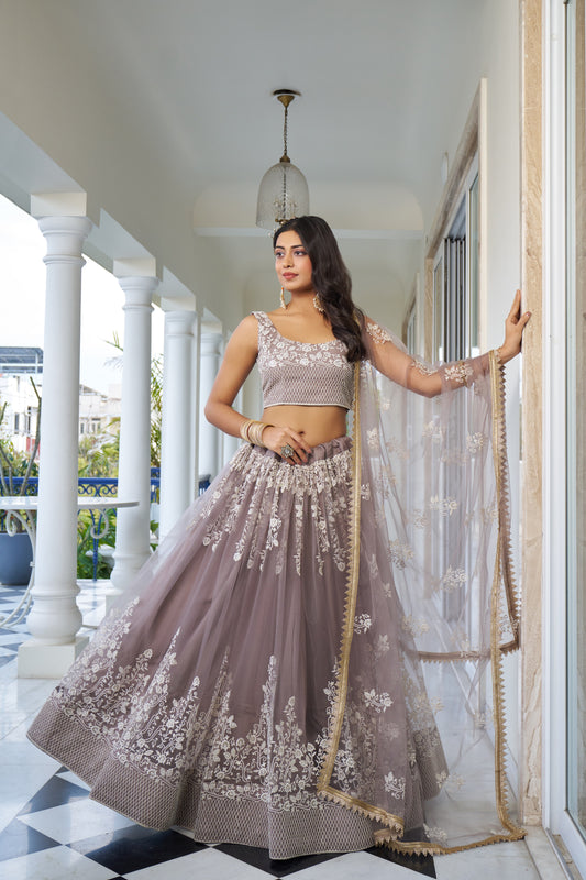 Brown Blue Intricate Tread & Sequin Work Lehenga