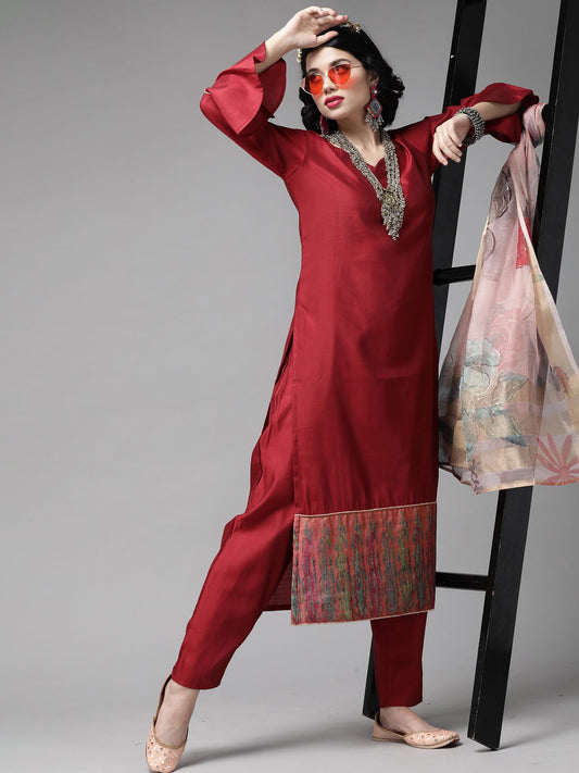 Women Red Foil Floral Printed Kurta Palazzo With Dupatta Sets