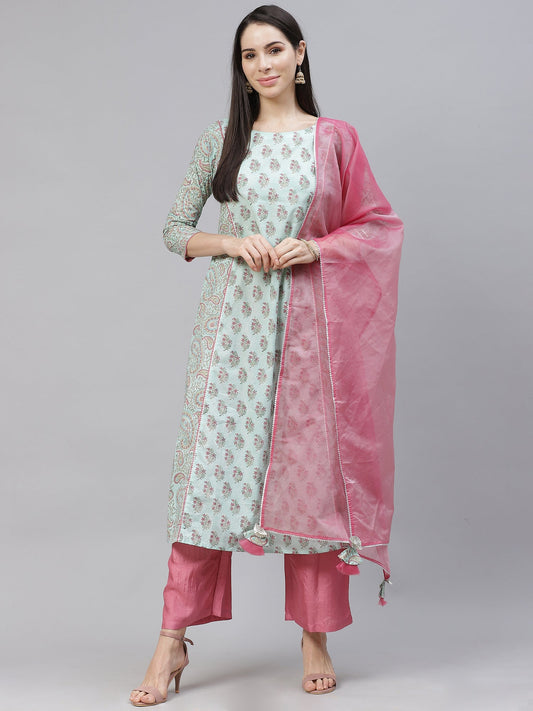 Women Sea Green Printed A-Line Kurta Trouser With Dupatta Set