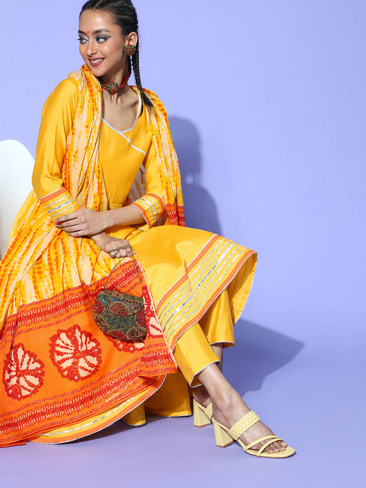 Women Yellow Tie & Dye A-Line Kurta Churidar With Dupatta Set