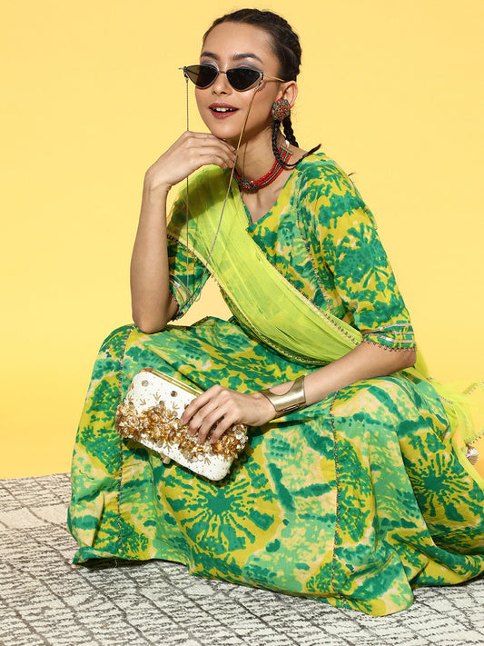 Women Green Tie & Dye A-Line Kurta Palazzo With Dupatta Set