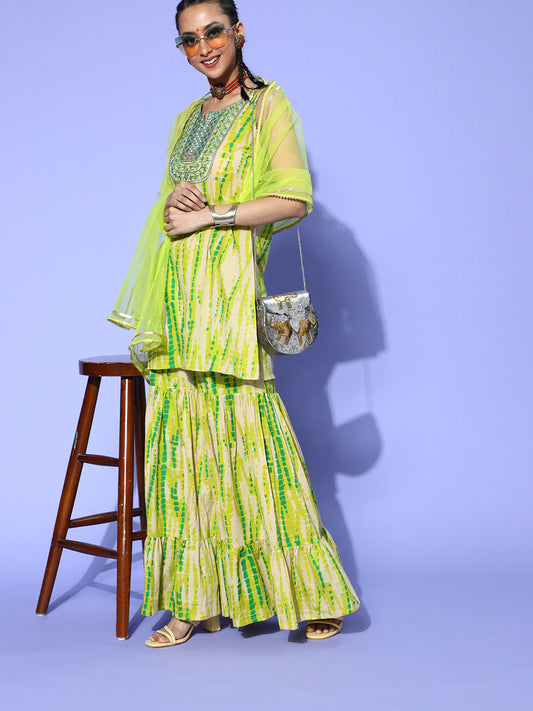 Women Green Tie & Dye A-Line Kurta Sharara With Dupatta Set