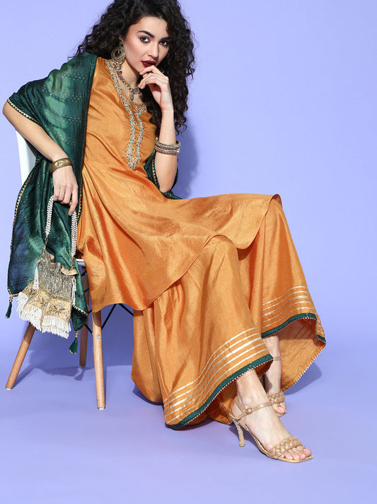 Women Rust Tie & Dye Straight Kurta Sharara With Dupatta Set