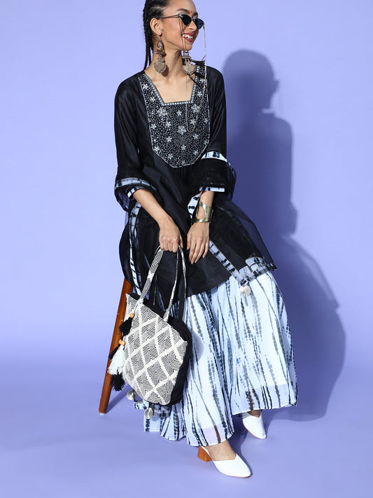 Women Black Tie & Dye A-Line Kurta Palazzo With Dupatta Set