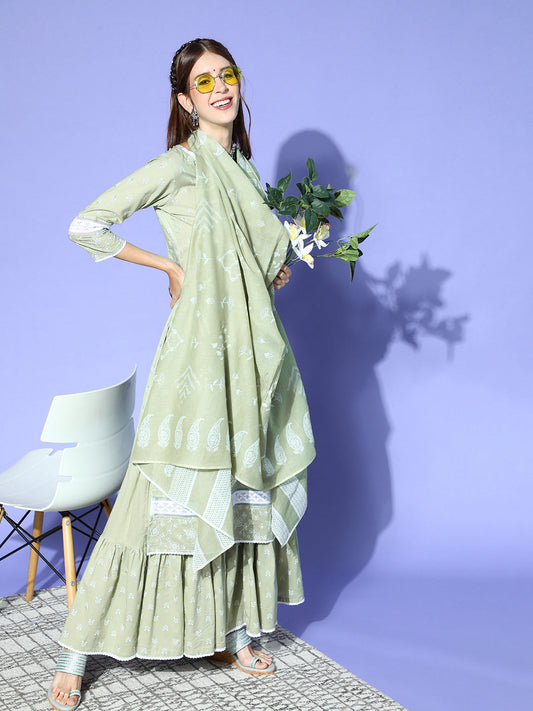 Women Green Printed A-Line Straight Kurta Palazzo With Dupatta Set