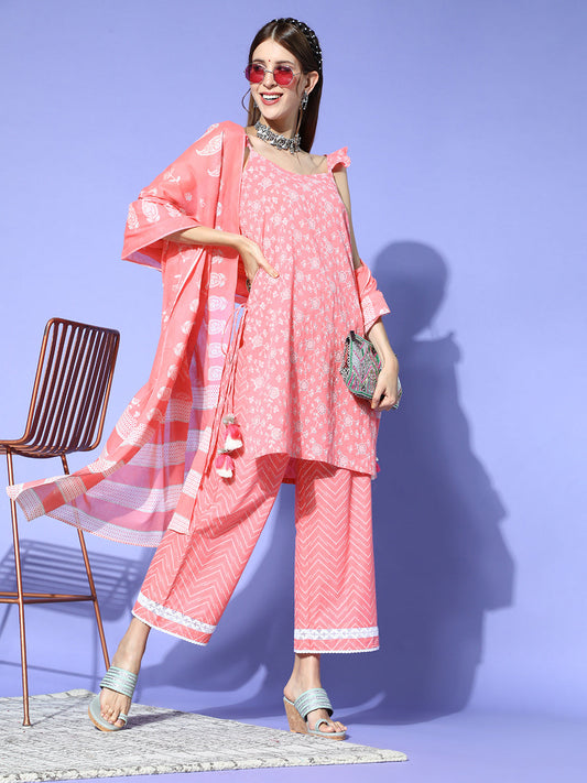 Women Printed Pink Straight Kurta Palazzo Wirth  Dupatta Set