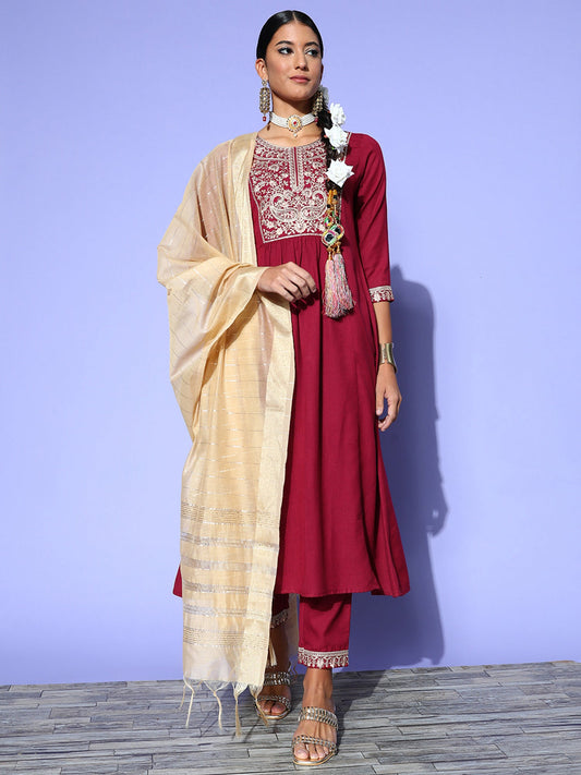 Women Maroon Embroidered A-Line Kurta Trousers With Dupatta Set