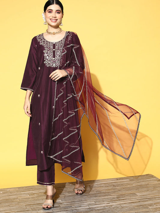 Women Wine Embroidered Straight Kurta Palazzos With Dupatta Set