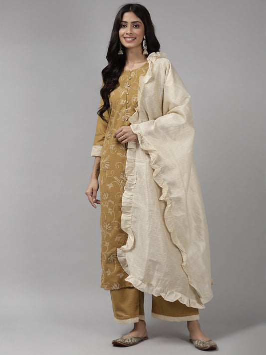 Women Mustard Printed Straight Kurta Palazzo With Dupatta Set