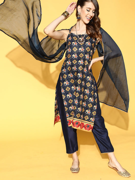 Women Blue Printed Straight Kurta Trouser With Dupatta Set