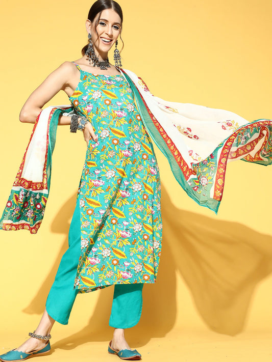 Women Green Printed Straight Kurta Palazzo With Dupatta Set