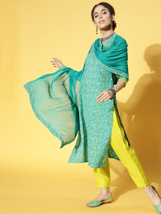 Women Green Printed Straight Kurta Palazzo With Dupatta Set